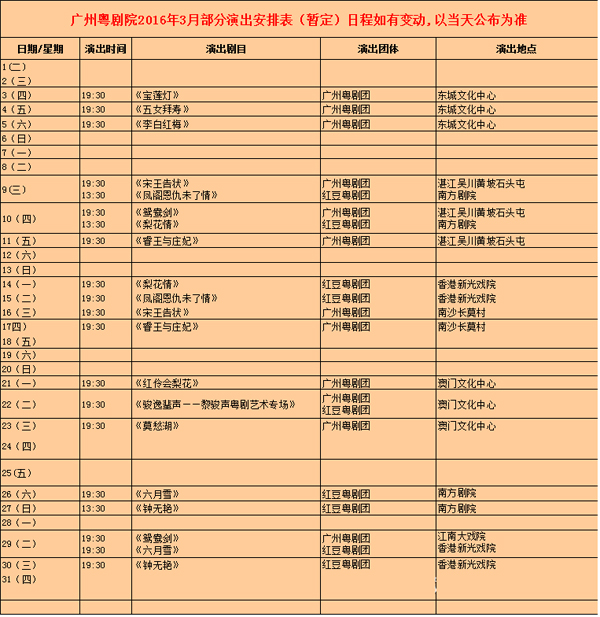 【演出资讯】广州粤剧院3月份演出排期表